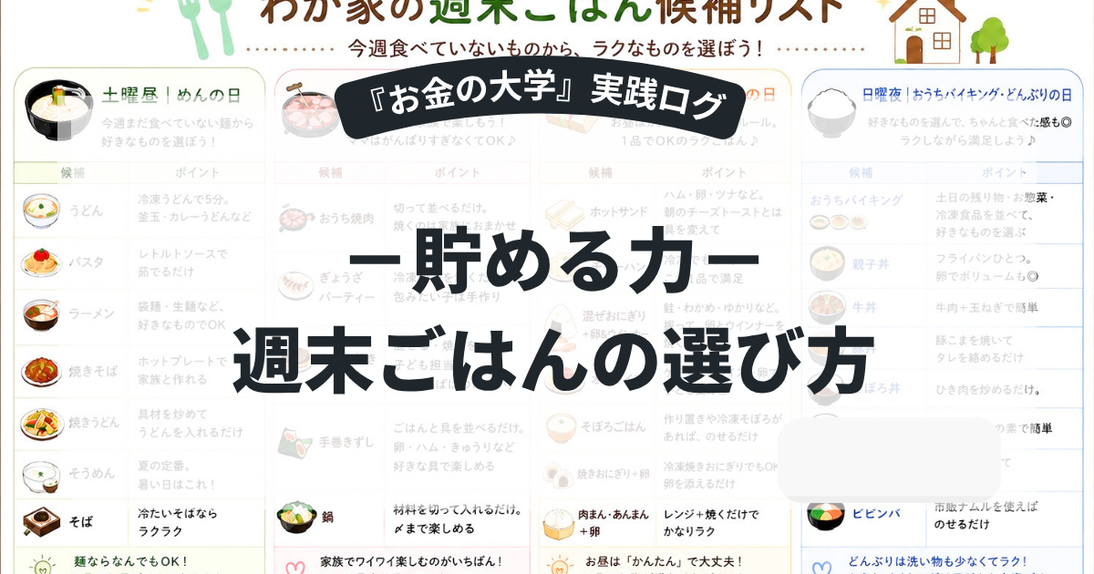 週末の献立候補リスト。うどん・焼肉・おうちバイキング・丼など、選ぶだけの週末ごはん
